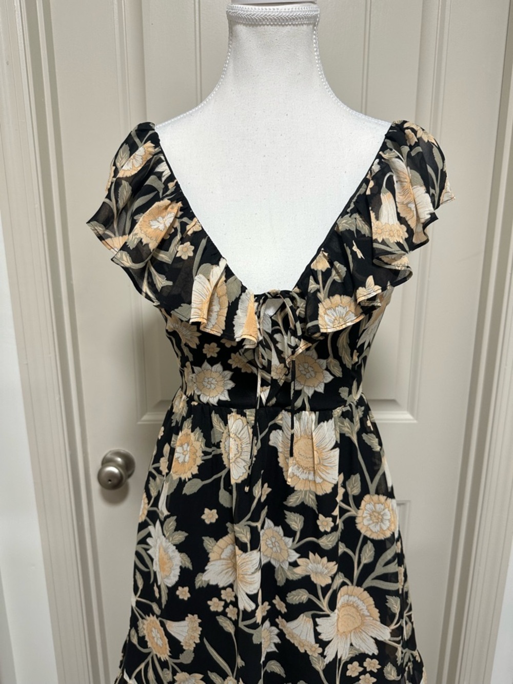 Gentle Fawn Black Floral Ruffle Mini Dress with Cream Flowers - Picture 2 of 8